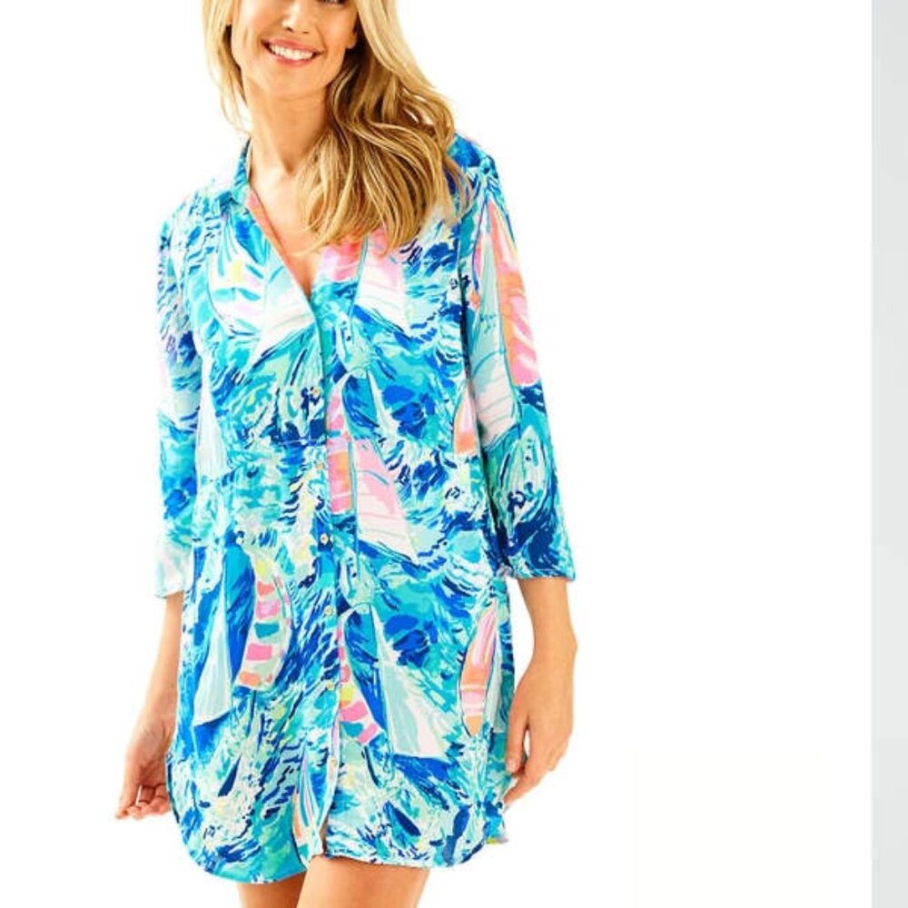 Lilly Pulitzer Emerald Beach‎ Cover-up Tunic In Sparkling Blue Hey Bay Bay S